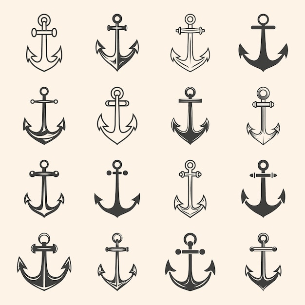 Âncora vetorial Âncora Silhueta Ícone Set Âncora preta e branca com contorno Âncora Design Template Collection Ilustração vetorial