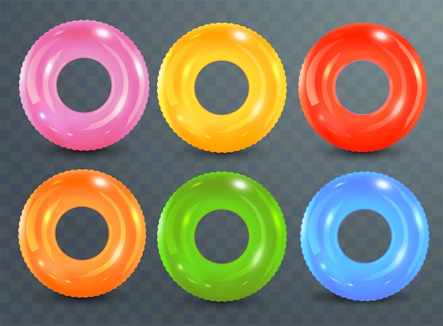 Anéis de natação em fundo transparente. Brinquedo de borracha inflável. Coleção colorida Lifebuoy. Verão. Ilustração realista de verão. Férias de verão ou segurança de viagem.