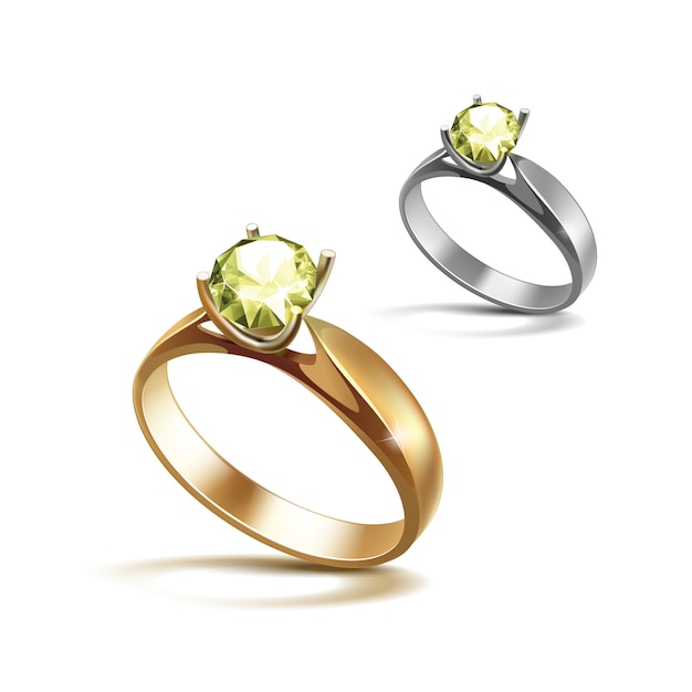 Anéis de noivado de ouro e siver com diamante verde claro claro brilhante fechar isolado no branco