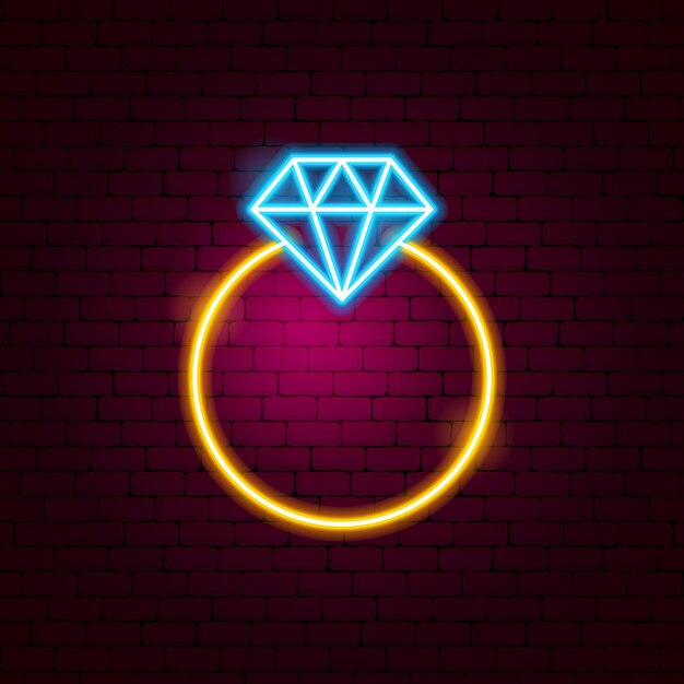 Anel com sinal de néon de diamante. Ilustração em vetor de promoção de moda.