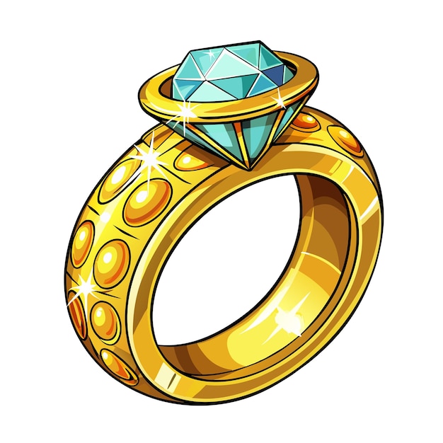 Anel de noivado dourado com uma grande ilustração de estilo esboço de diamante brilhante