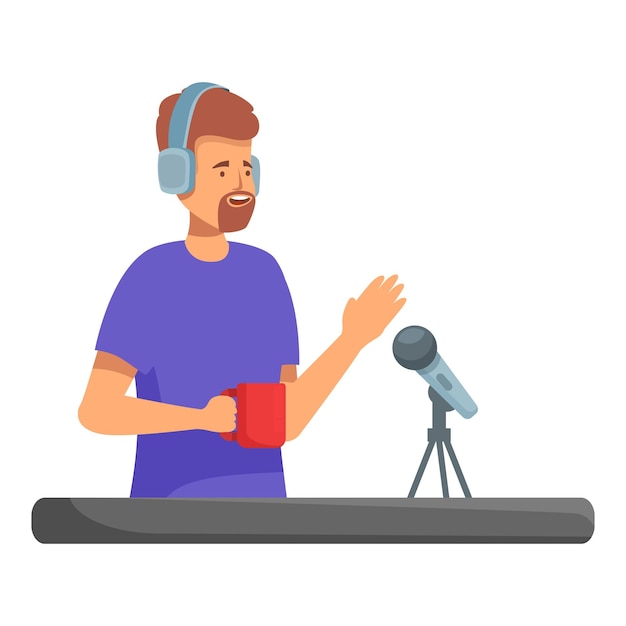 Anfitrião de rádio falando com fones de ouvido e segurando uma caneca de café