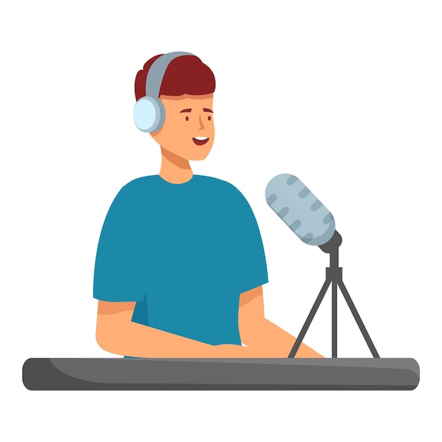 Anfitrião de rádio masculino falando em um microfone e gravando um podcast