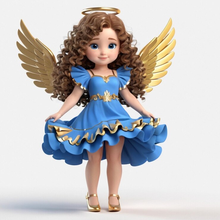Vetor angel girl com cabelos compridos e enrolados vestindo um vestido azul com ruffles brancos