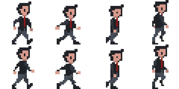 Animação de ciclo de caminhada personagem de empresário masculino folha de sprite de arte de pixel de 8 bits