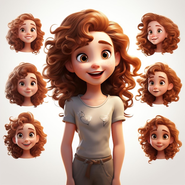 Animação de desenho animado 3d pale white girl com brunette curly ha