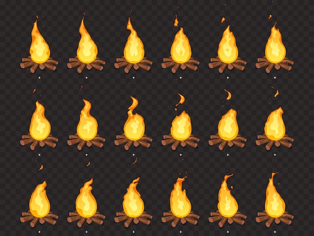 Vetor animação de fogueira ardente. fogo quente, fogueira ao ar livre e fogueiras dos desenhos animados quadros isolados sprites