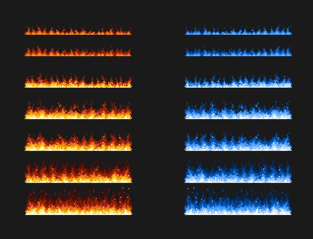 Vetor animação de jogo de fogo de pixel art chamas azuis e vermelhas