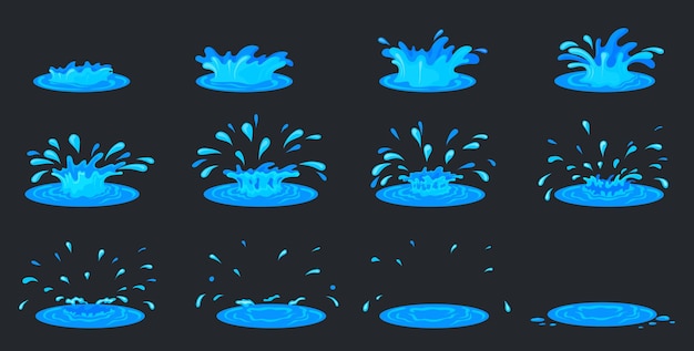 Animação de ondulação de água Efeito de respingo de desenho animado fx de jogo 2d quadros de folha de sprite de gota líquida efeito de movimento de storyboard gotas de chuva flash mar conjunto ilustração vetorial pura