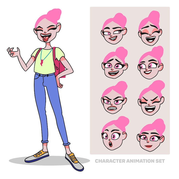 Vetor animação de personagens definida comprimento total de adolescente com uma mochila criando pessoas com animação de rosto de emoções
