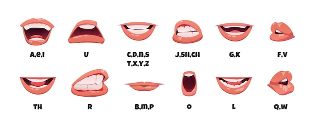 Animação de sincronização labial personagem de desenho animado falando boca inglês soa pronúncia e articulação de lábios kit sprite em quadrinhos vector lábios em movimento coleção isolada