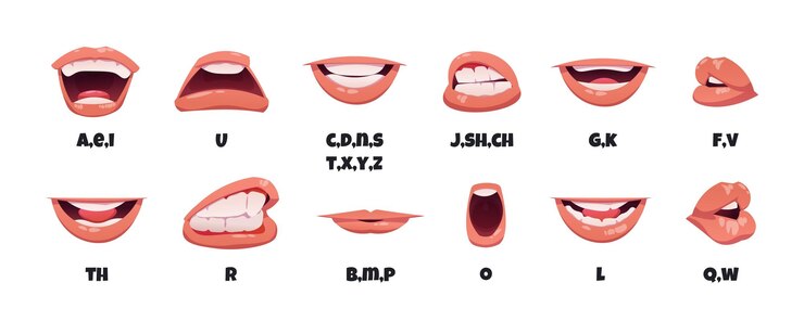 Vetor animação de sincronização labial personagem de desenho animado falando boca inglês soa pronúncia e articulação de lábios kit sprite em quadrinhos vector lábios em movimento coleção isolada