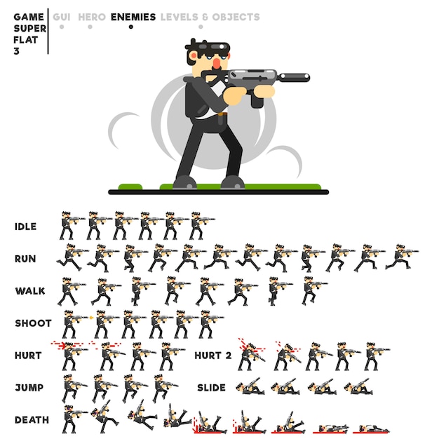 Vetor animação de um cara de preto com um rifle para criar um videogame