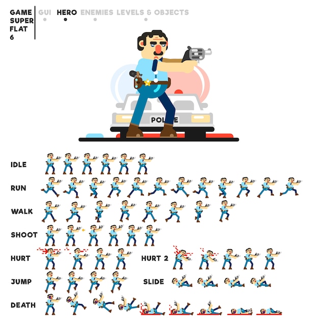 Vetor animação de um policial com uma pistola para criar um videogame