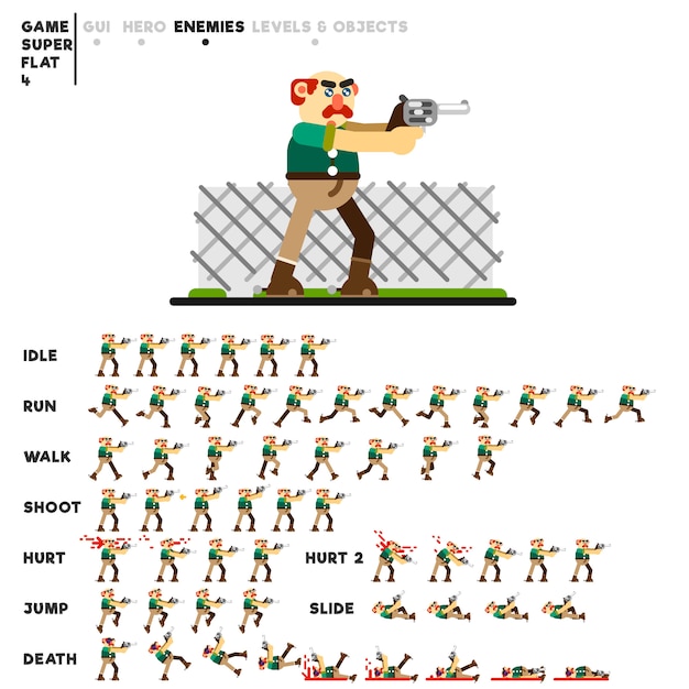 Animação de um velho fora da lei com uma pistola para criar um videogame