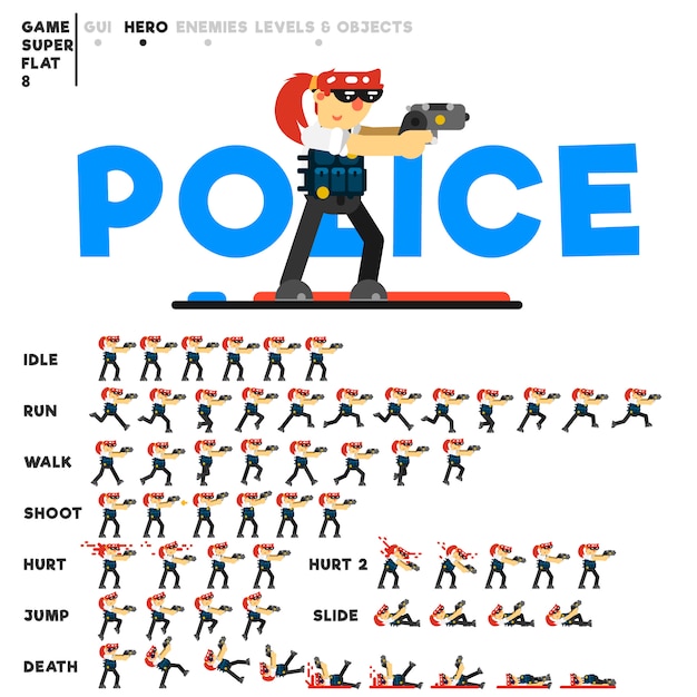 Vetor animação de uma garota policial com uma pistola para criar um videogame