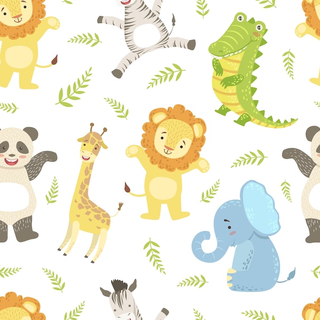 Animais africanos bonitos padrão infantil sem costura girafa leão elefante crocodilo panda urso zebra