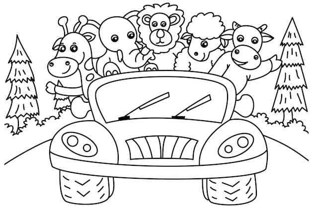 Desenhos para colorir de animais andando de carro para crianças