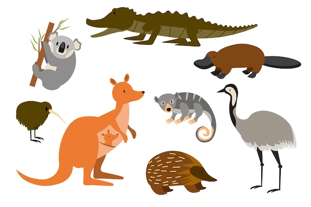 Vetor animais australianos em conjunto de vetores de desenhos animados fofos ilustrações engraçadas de fauna rara e única da austrália eps