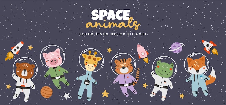 Vetor animais bonitos astronautas no espaço com planetas estrelas e naves espaciais design plano