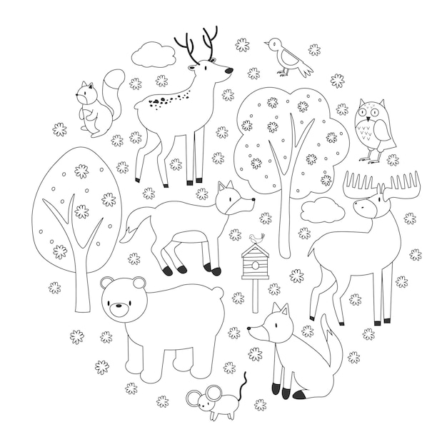 Vetor animais bonitos da floresta círculo forma para colorir livro personagens da floresta impressão preto e branco com esquilo coruja raposa urso coelho veado alce esquilo pássaro ilustração vetorial eps