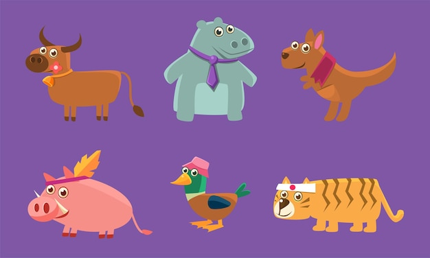 Animais bonitos de cervo hipopótamo canguru porco pato tigre ilustração vetorial em fundo roxo