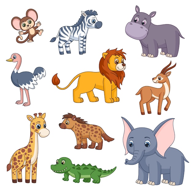 Vetor animais bonitos dos desenhos animados da selva animais de safári isolados girafa leão e zebra crianças hipopótamo e macaco bebê berrante kit de vetores de personagens da vida selvagem