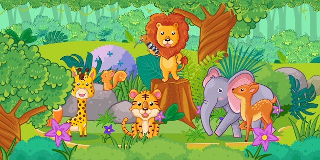 Animais bonitos dos desenhos animados na selva. Conjunto de animais.