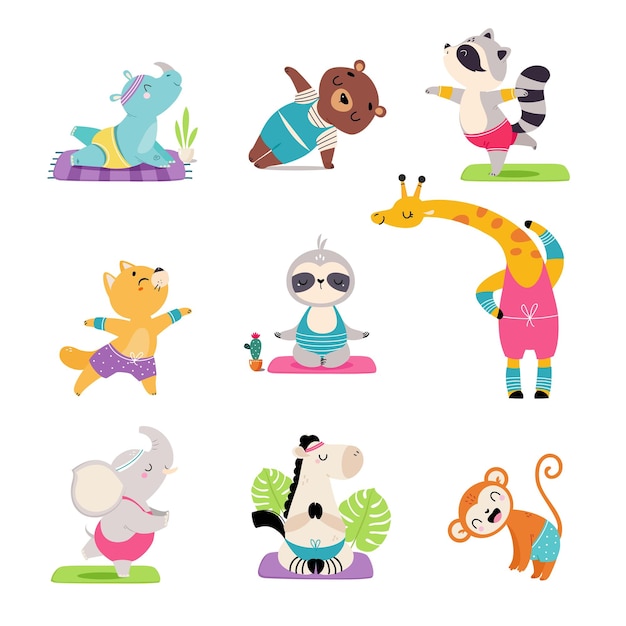 Animais bonitos fazendo yoga Adorável macaco girafa gato hipopótamo elefante cavalo praticando exercícios de fitness ilustração vetorial de desenho animado