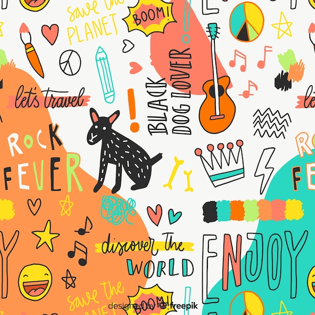 Animais coloridos doodle e padrão de palavras