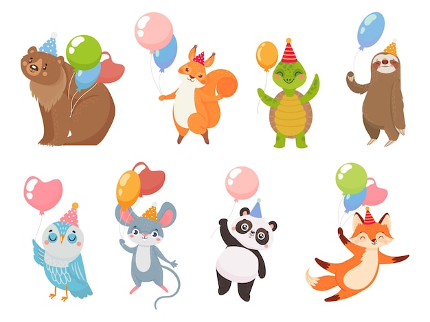 Animais com balões. Festa de saudação de animais com balões de ar, urso e tartaruga, engraçado aniversário de comemoração do panda, ilustração vetorial
