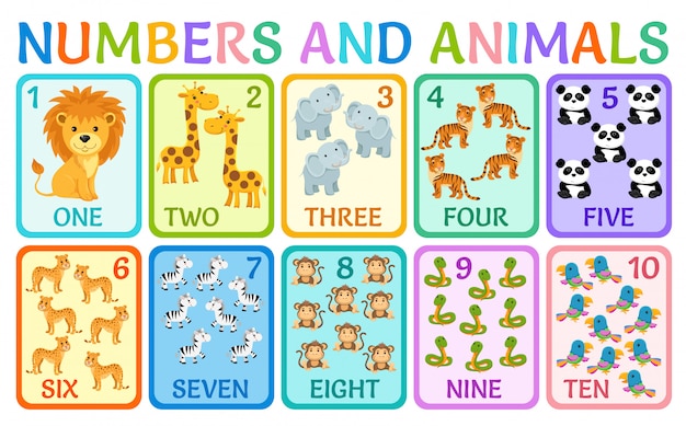 Animais da selva. números de cartões para crianças.