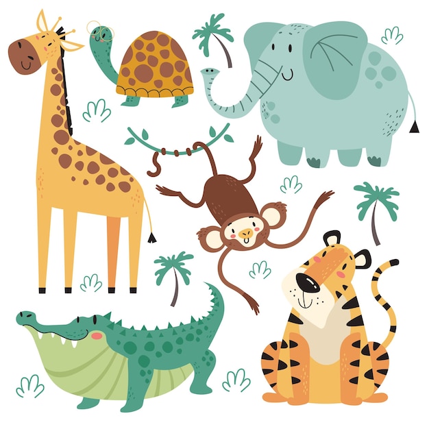 Vetor animais da selva personagens isolados coleção plana de elementos de design