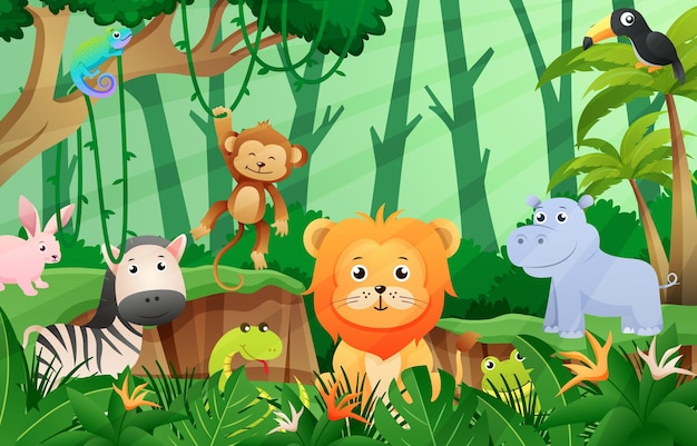 Animais da vida selvagem na cena da selva estilo infantil vector