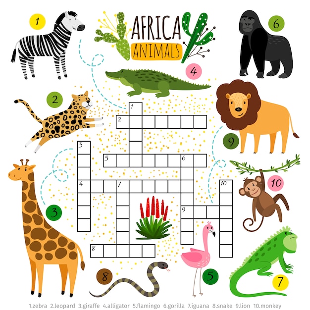 Animais de áfrica de palavras cruzadas.