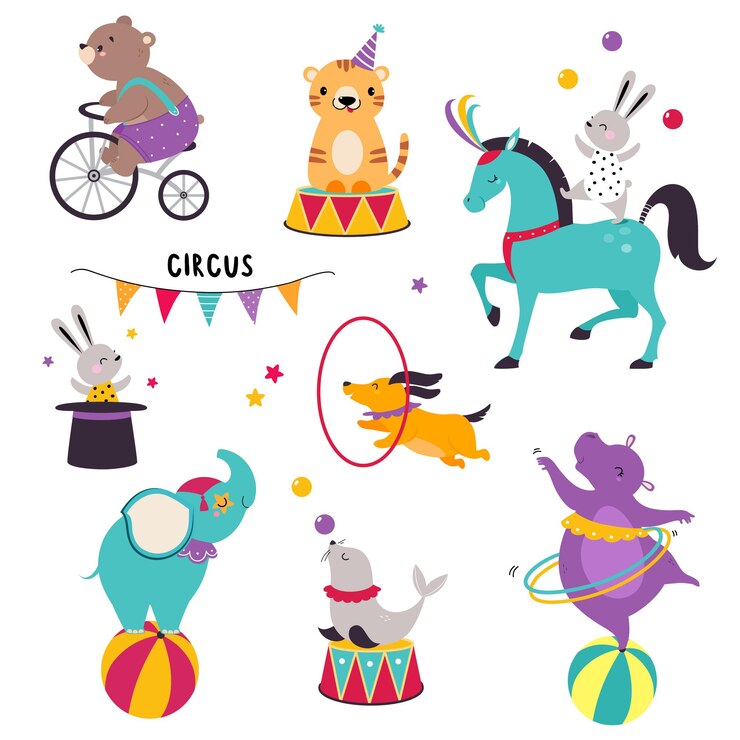 Vetor animais de circo realizando truques com bolas de malabarismo de bezerro marinho e hipopótamo com conjunto de vetores de hula hoop