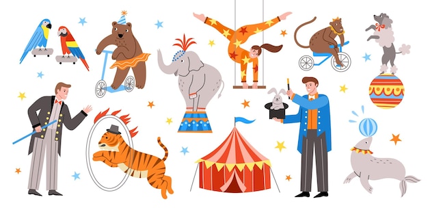 Vetor animais de circo treinados bonitos atores em trajes elementos de desempenho de entretenimento tigre salta através do conjunto de vetores de tenda colorida de anel