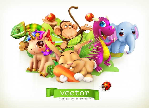 Vetor animais de conto de fadas. coelho feliz, coelho, unicórnio fofo, pequeno dragão, bebê elefante, macaco, camaleão. 3d