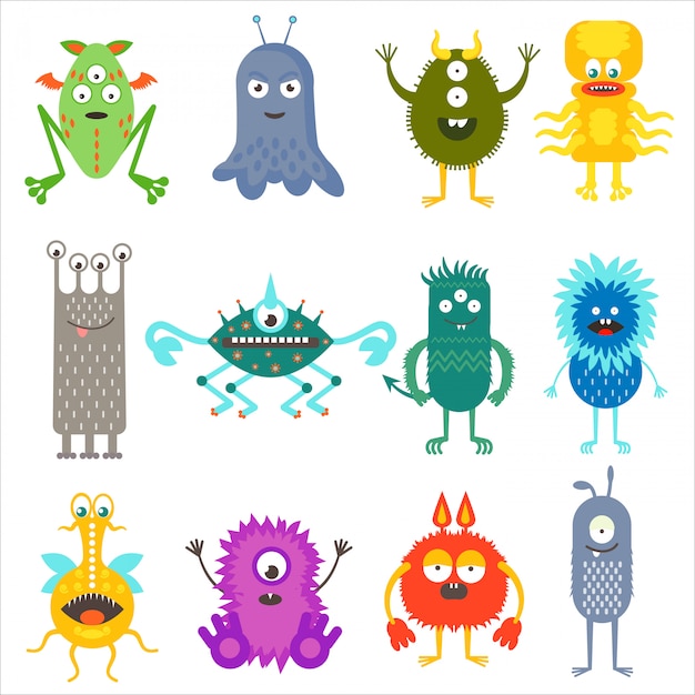 Animais de cor bonito dos desenhos animados monstros alienígenas conjunto
