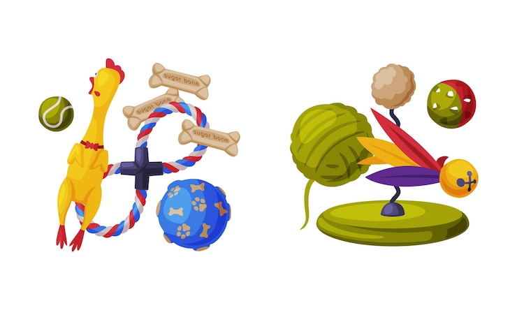 Vetor animais de estimação, brinquedos e acessórios para gatos e cães, set de ilustrações vetoriais de desenhos animados