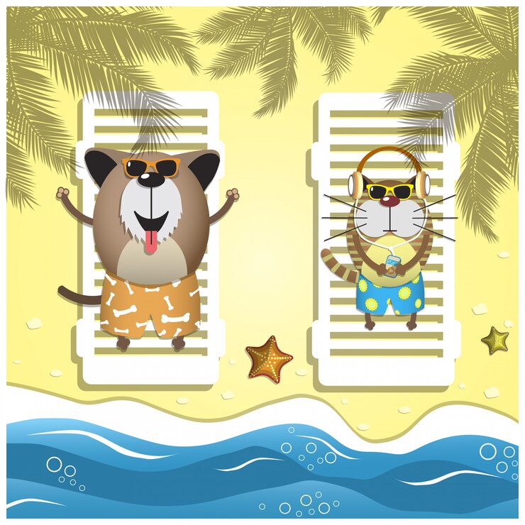 Vetor animais de estimação de viagem. com animais domésticos na praia de areia
