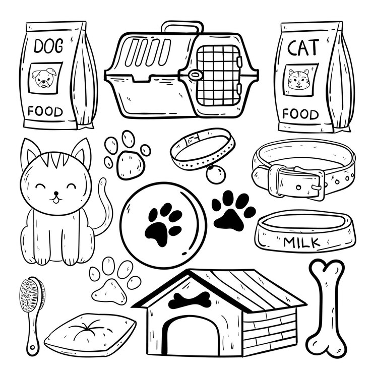 Animais de estimação desenhados à mão vector conjunto de rabiscos ilustração de cães e gatos vetor premium