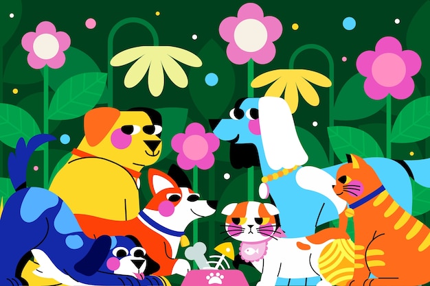 Animais de estimação felizes no jardim