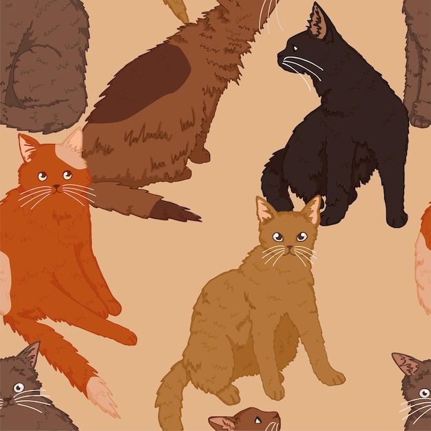 Animais de estimação gatos, padrão sem emenda de gatinhos. mão-extraídas ilustração vetorial. ornamento colorido dos desenhos animados. design para decoração, papel de parede, plano de fundo, têxteis.