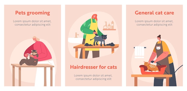 Animais de estimação grooming banners cabeleireiros personagens cuidados com gatos cortando lã garras lavar e pentear no salão especialistas em serviço de aparador trabalhando com animais felinos cartoon pessoas ilustração vetorial