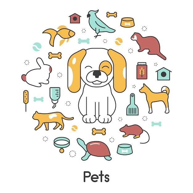 Animais de estimação linha arte fina vector icons