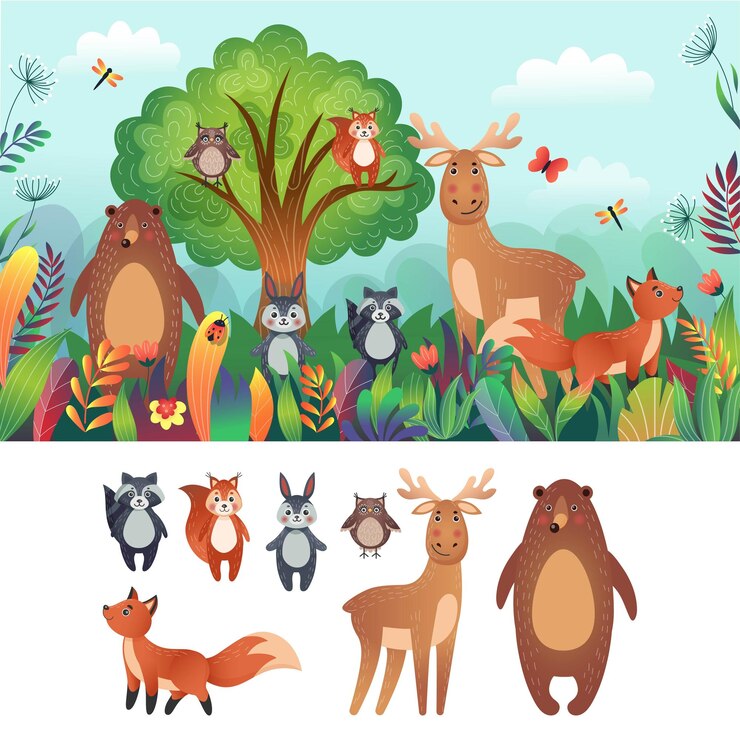 Vetor animais de madeira da natureza personagens felizes crianças amigos na selva ou em safári família selvagem na floresta urso ou alce na natureza esquilo e coelho isolados vector isolado imagem arrumada