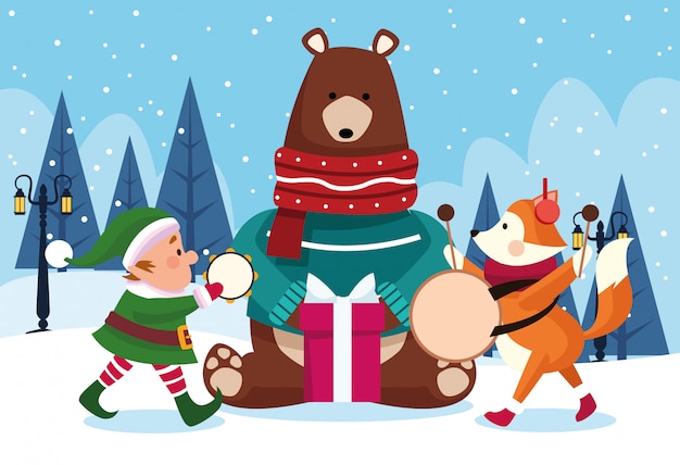 Animais de Natal e ajudante de Papai Noel tocando instrumentos musicais em dia de neve, colorido, ilustração