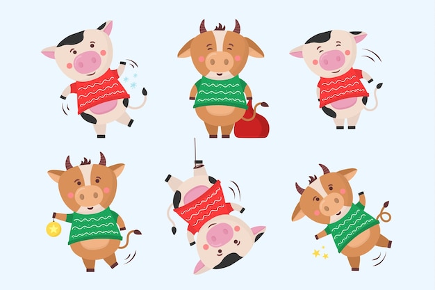 Animais de símbolo de ano novo chinês de cor touros com animais de vaca de chifres personagem de desenho animado