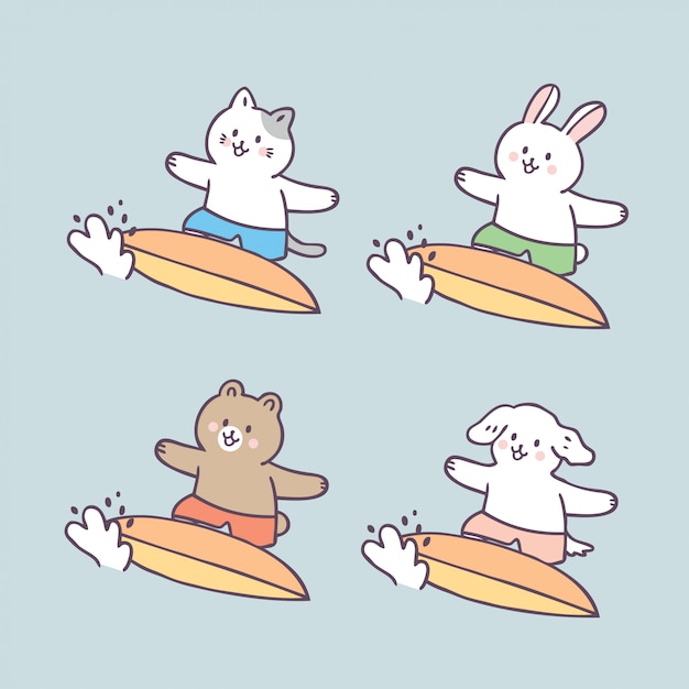 Animais de verão bonito dos desenhos animados e surf